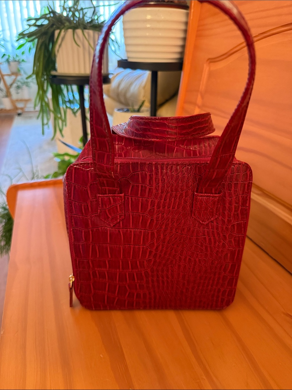 Croc-Embossed Mini Tote in Deep Red
